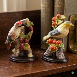 Vintage Porcelain Bird Figurine Set - Woodpecker & Songbird on Berry Branches
